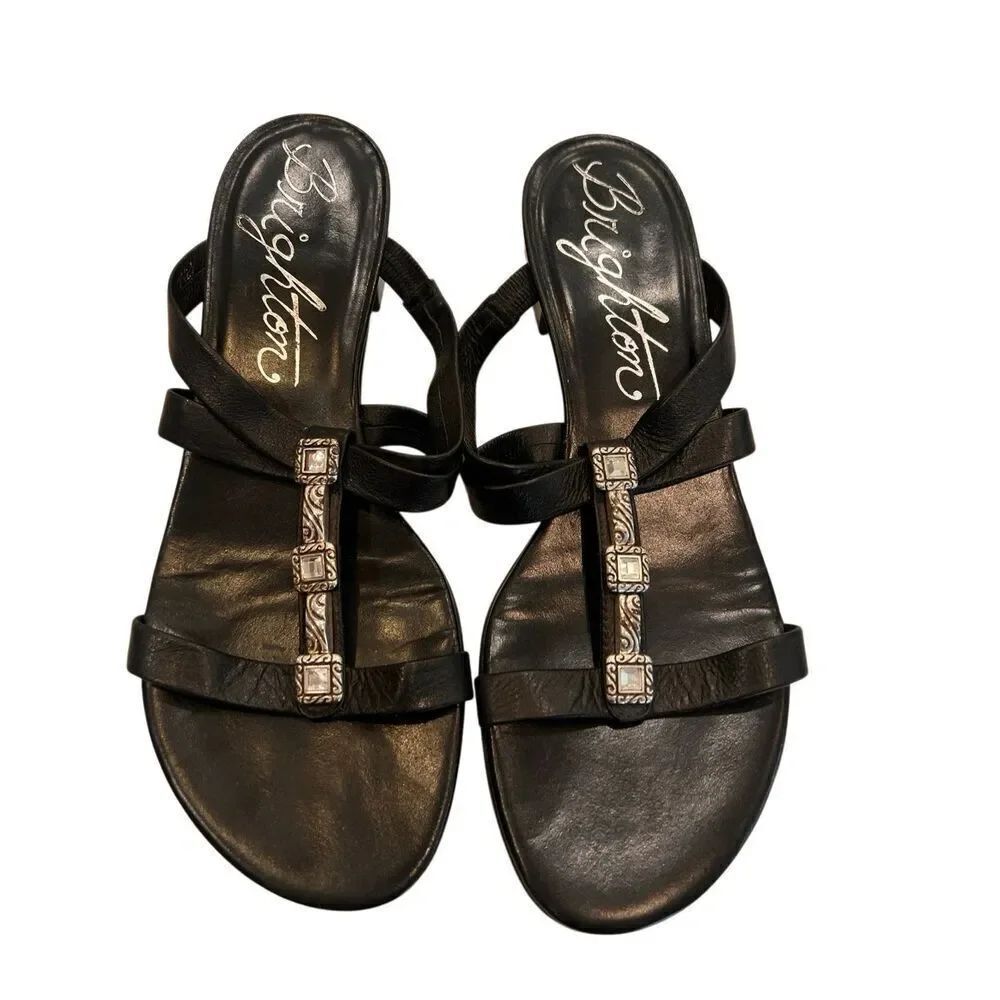 Brighton Women's Nassau Sapphire Leather Bling Sapphire Sandals Black Size 8.5